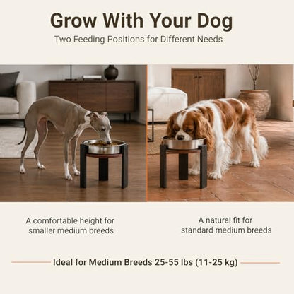 Elevated Slow Feeder Dog Bowl for Medium Dogs, Adjustable Raised Dog Bowl Stand with Stainless Steel Slow Feed Bowl, Reduces Choking & Improves Digestion, Non-Slip Bamboo Stand (Black & Walnut) - color: Black & Walnut