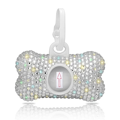 SAVORI Dog Poop Bag Holder Bling Crystal Dog Waste Bags Dispenser for Pet Dog Doggy with Carabiner Clip Includes 1 Roll 15 Bags (White) - color: White