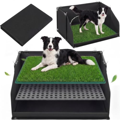 Zhehao Dog Grass Pad with Tray for Small Medium Dogs, 33.8 x 24 Inch Artificial Turf Potty with 17 Inch High Wall, Foldable Indoor Dog Litter Box Pee Pad Holder for Apartment Balcony Rv Training