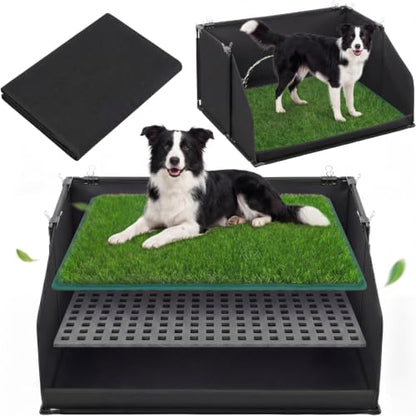 Zhehao Dog Grass Pad with Tray for Small Medium Dogs, 33.8 x 24 Inch Artificial Turf Potty with 17 Inch High Wall, Foldable Indoor Dog Litter Box Pee Pad Holder for Apartment Balcony Rv Training