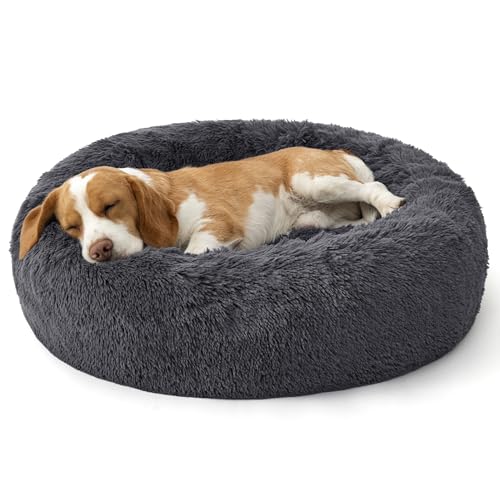 Bedsure SupportMax™ Calming Dog Bed Medium Size Dog - 30in Donut Round Washable Medium Pet Bed, Anti-Slip＆Removable Cover,420GSM Anti-Anxiety Fluffy Plush Faux Fur,Fits up to 45 lbs Pets - color: Dark Grey, size: M(30x30x7)
