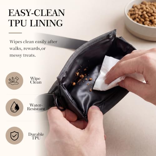 Dog Treat Pouch for Walks & Training, Stylish Everyday Treat Bag with Easy-Clean TPU Lining, Structured Magnetic Closure, Rear Pocket for Keys & Essentials, Holds 1–1.5 Cups, Graphite Black