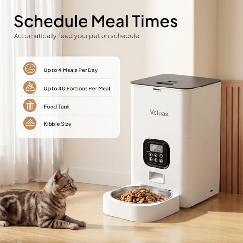 VOLUAS Automatic Cat Feeders - Pet Food Dispenser for Dry Food, Timed Cat Feeder with Desiccant Bag, Programmable Portion Size Control 4 Meals Per Day, 10s Voice Recorder | Programmable Portion Control, Up to 4 Meals Daily, Dual Power Supply, Power-Off Me