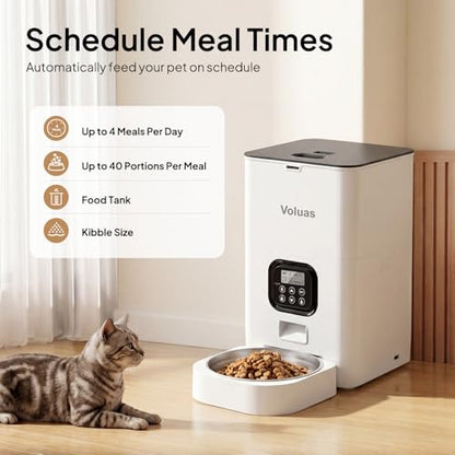 VOLUAS Automatic Cat Feeders - Pet Food Dispenser for Dry Food, Timed Cat Feeder with Desiccant Bag, Programmable Portion Size Control 4 Meals Per Day, 10s Voice Recorder | Programmable Portion Control, Up to 4 Meals Daily, Dual Power Supply, Power-Off Me