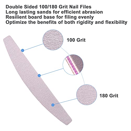 Nail Files (25 Pcs), 100/180 Grit Nail File Emery Board Bulk for Acrylic Nails and Natural Nails, Limas para Unas Acrilicas Profesional Pack Filers for Gel Nail Double Sided Manicure Curved Gray - size: 25 Pcs Halfmoon 100/180 Grit