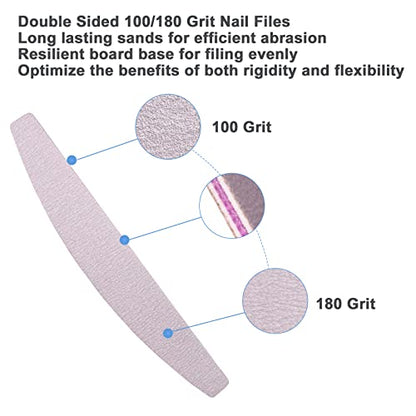 Nail Files (50 Pcs), 100/180 Grit Nail File Emery Board Bulk for Acrylic Nails and Natural Nails, Limas para Unas Acrilicas Profesional Pack Filers for Gel Nail Double Sided Manicure Curved Gray - size: 50 Pcs Halfmoon 100/180 Grit