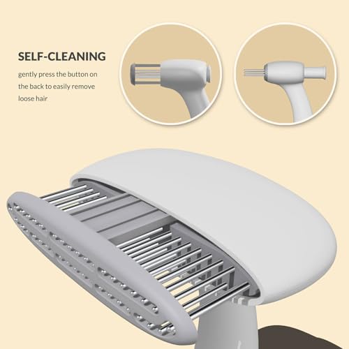 Self Cleaning Dog Deshedding Brush for Long Haired Dogs, 360° Rotating Comb Needles, Wider, Ergonomic Handle (White)