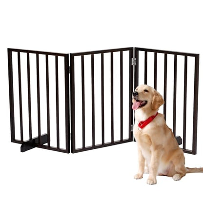 Outvita Freestanding Dog Gate, 24" H Foldable Wooden Pet Barrier Fence,3-Panel Pet Fence with Support Feet for Stairs，Hallways,Doorways, Walnut - size: 24"High