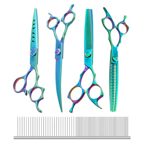 Dog Grooming Scissors: 7" Straight Pet Shears Skeletonized blade Made Of Japanese 440C for Trimming Dogs Cats and Other Pets Green