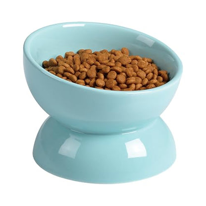 ABRUTY Cat Water Bowl, 16 OZ Ceramic Elevated Cat Bowls, 15° Tilted and Raised Pet Food Dish, Anti Vomiting Protect Pets' Spines and Whisker Fatigue, Turquoise - color: Turquoise, size: 1 Pack