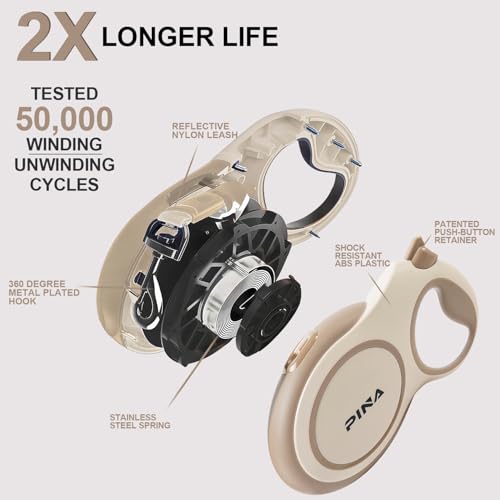 PINA Upgraded Retractable Dog Leash, 26 ft Dog Leash for Small Medium Large Dogs Up to 110lbs, Heavy Duty Reflective Nylon Tape 360° Tangle-Free, with Anti-Slip Handle, One-Handed Brake, Pause, Lock - color: Khaki