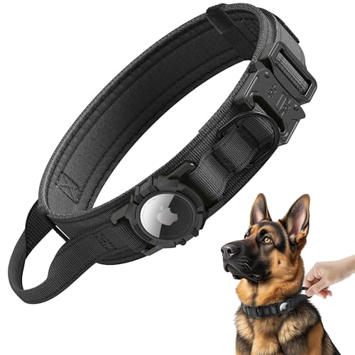 Upgraded Airtag Dog Collar Waterproof, Adjustable GPS Training Nylon Dog Collar with AirTag Holder, Control Handle and Quick-Release Buckle for Medium and Large Dogs (Black, L) - color: Black, size: L(16.5"-20.5")