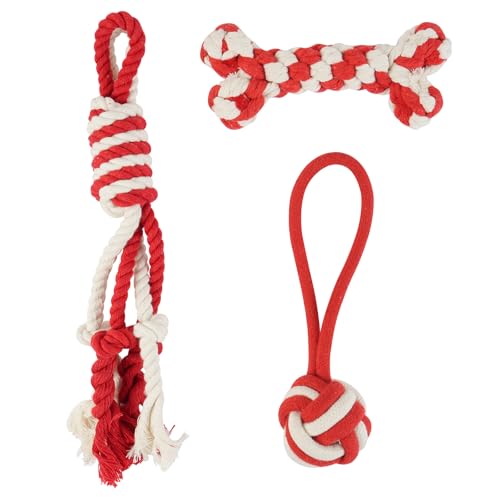 3 Pack Cotton Rope Dog Toy Set, Indestructible Chew Toys for Aggressive Chewers, Puppy Teething Toys with Bone, Human & Rope Dog Ball Designs for Boredom Relief & Tug of War， Red-White - style: Red-White suit（3 pack）