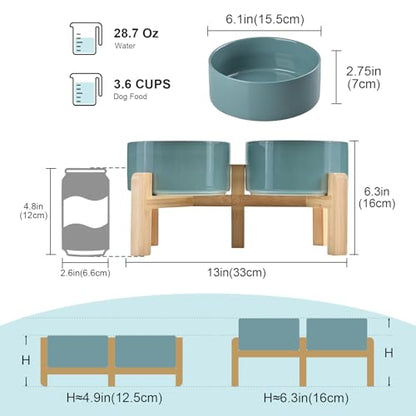 SPUNKYJUNKY Elevated Dog Bowls Ceramic, 6.1'' Dogs and Cat Food Water Bowls Raised with Non-Slip Bamboo Stand for Medium Sized Breed Microwave Dishwasher Safe - 28.7 OZ,Dark Green - color: Dark Green, size: 6.1 in - 3.6 cups