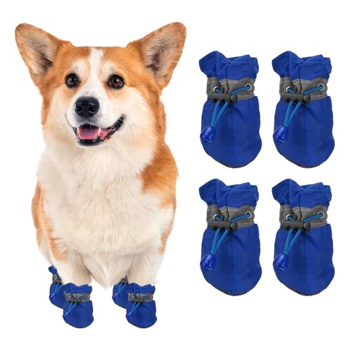 Dog Shoes Dog Boots, Paw Protector Anti-Slip Sole Winter with Reflective Strap Waterproof Soft, (4Pcs, Oxford, 2X 1.6, Blue), for Small Medium Puppies/Walking/Outdoor/Hardfloor - color: Blue, size: 2 x 1.6 inch