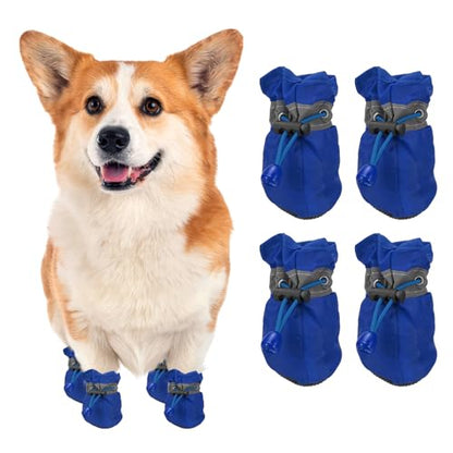 Dog Shoes Dog Boots, Paw Protector Anti-Slip Sole Winter with Reflective Strap Waterproof Soft, (4Pcs, Oxford,2.2x1.8, Blue), for Small Medium Puppies/Walking/Outdoor/Hardfloor