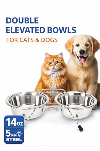 Pet Bowls for Dogs and Cats, with 2 Bowls, Iron Stand Base, Double Bowl Stand, Two Steel Removable (14oz) - size: 14oz