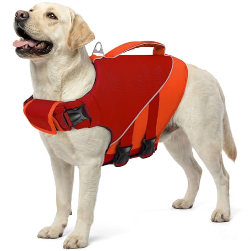 Queenmore Dog Life Jacket, Dog Life Vest for Swimming Boating, Pet Swim Vest for Large Dogs, Ripstop High Visible Water Vests with Strong Rescue Handle, Red XL - color: Red, size: X-Large