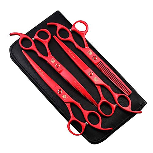 Purple Dragon Professional 7.0 inch 4PCS Pet Grooming Scissors Kit Japan Premium Steel Straight & Curved & Thinning Blade Dog Hair Cutting Shears Set with Case - color: Red