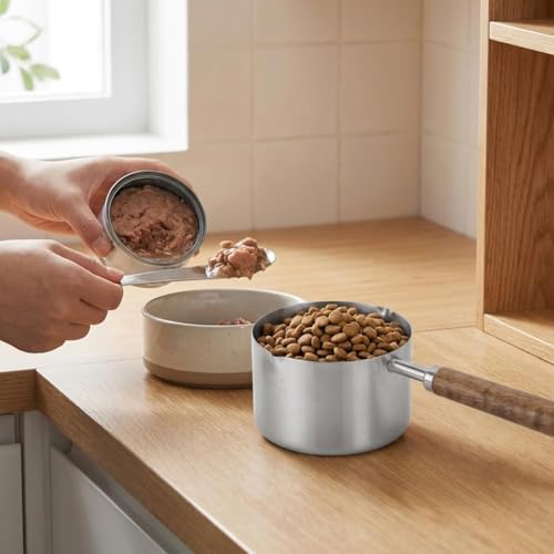 Dog Cat Food Scoop 1 Cup, 304 Stainless Steel Dog Food Measuring Cup with 410 Medium Scoop, Multi Purpose Tool with Walnut Wooden Handle for Pet Food, Rice, Flour, Precision Scale Measurements