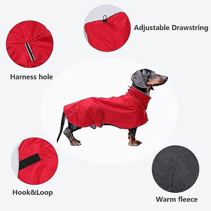 Dachshund Coats Waterproof, Perfect for Dachshunds, Sausage, Weiner Dog Winter Coat with Padded Fleece, Puppy Snowsuit with Adjustable Bands and High Vis Reflective Trim - Red - M - color: Red, size: Medium