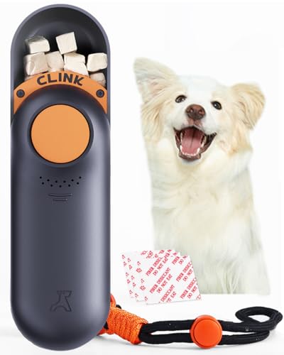Clink Design 2-in-1 Puppy Essentials, Dog Training Clicker & Treat Carrier, Durable Food-Grade ABS, Treat Carrier with Desiccant Compartment, Compact & Lightweight Dog Stuff for Dogs - Black & Orange