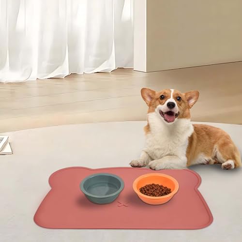 Silicone Waterproof Dog Cat Pet Feeding Mats,Anti Slip Pet Bowl Mats, BPA Free Silicone Pete Feeding Mat Bear Pattern 16In x 12In(Brick red) - color: brick red