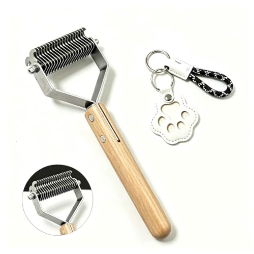 2-in-1 Dog Undercoat Rake and Dematting Tool - Durable Stainless Steel Deshedding Brush with Ergonomic Wooden Handle - Grooming Rake for Long Haired Cats & Dogs with Hair Keepsake Keychain(L)