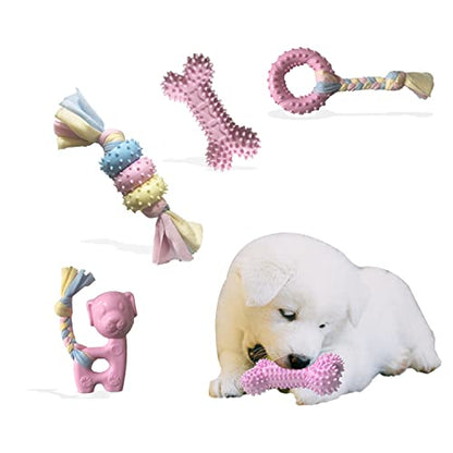 Puppy Toys for Teething, Dog Chew Toys for Small & Medium Breeds, Soothe Teething Pain, Lessens Anxiety, Durable, All-Natural Rubber and Cotton, 4-Pack (Pink)