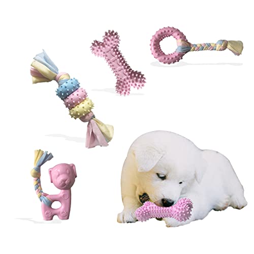 Puppy Toys for Teething, Dog Chew Toys for Small & Medium Breeds, Soothe Teething Pain, Lessens Anxiety, Durable, All-Natural Rubber and Cotton, 4-Pack (Pink)