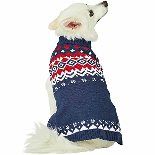 Blueberry Pet Sweater - Festive Fair Isle Mock-Neck Dog Sweater, Navy Blue, 10" Back Length, Cozy Dog Clothes - Perfect Christmas Sweater