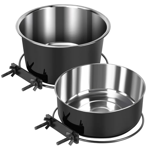 2 Pcs Black Large Pet Dog Food Water Bowl for Cage Stainless Steel Non-Spill Kennel Hanging Cats Bowls with Clamp Holder Crate Feeder Dish for Medium Large Dogs Huge Pets (7.1x3.7'' & 7.1x2.5'') - color: Black, size: L (82 & 56 OZ)