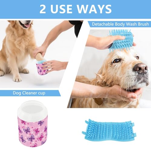 Spring Butterflies Flowers Pink Pattern Dog Paw Cleaner Cup with Soft Silicone Brush, Lightweight Small Portable Muddy Paw Washer for Dogs, Easy to Use Pet Foot Cleaner