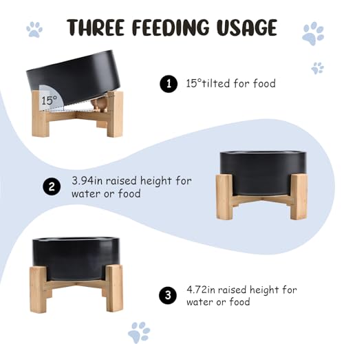SPUNKYJUNKY 15° Slanted Ceramic Dog and Cat Bowl with Wooden Stand, Tilted Bulldog Food and Water Bowl No Slip Non-Spill for Cats Medium Dogs Big Face Pets 28.7 OZ (3.6 Cups, Black) - color: Black, size: 3.6 CUPS × 1