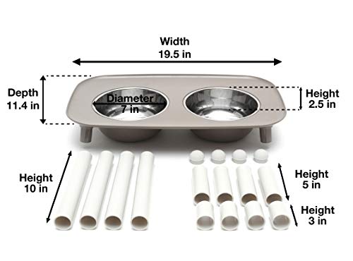 Messy Mutts Elevated Double Feeder with Stainless Bowls | Adjustable Height 3”, 5”, or 10” | Adjustable Standing Feeder for Dogs | 5 Cups per Bowl | Dark Grey - color: Dark Grey