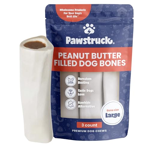 Pawstruck Large 5-6" Filled Dog Bones, Peanut Butter Flavor - Made in USA, Long Lasting Stuffed Femur for Aggressive Chewers, Dental Treat - Pack of 3, Packaging May Vary - size: 3 Pack