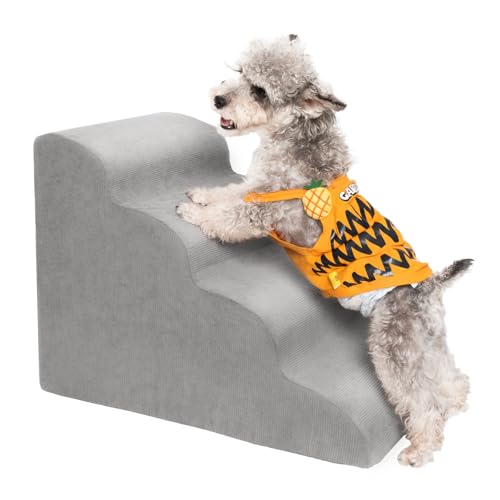 MEWANG Dog Stairs for Small & Medium Dogs and Old Cats –3/4/ 5 Steps High-Density Foam Pet Ramp for Bed & Couch, Non-Slip, Washable Cover, Grey (Round Corner, 4 Steps: 23.94''L×14.96''W×18.27''H) - color: Round Corner, size: 4 steps: 23.94''L×14.96''W×18.