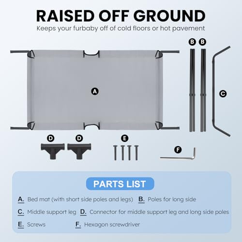 Heeyoo Elevated Dog Bed, Cooling Raised Pet Cot with Chew Proof Mesh Fabric and Steel Frame, Portable Dog Cot Bed with No-Slip Rubber Feet, 60 in - color: Grey, size: 60"L x 37"W x 8"H