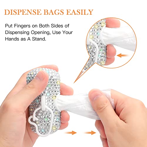 SAVORI Dog Poop Bag Holder Bling Crystal Dog Waste Bags Dispenser for Pet Dog Doggy with Carabiner Clip Includes 1 Roll 15 Bags (White) - color: White