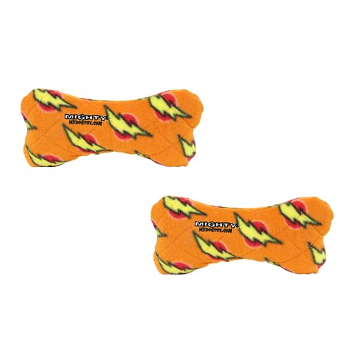 MIGHTY Tuffy 2 Pack Bone Dog Toy: Ultra Durable Plush Toy with Multiple Layers & Reinforced Seams, Washable and Floats, Vinyl Bone & Fleece - color: 2PK Orange Medium Bone