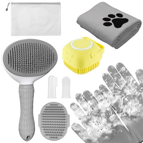 Dog Grooming Kit for Shedding – 8-Piece Pet Grooming Supplies with Deshedding Brush, Bath Gloves, Towels & Silicone Toothbrush | Ideal for Dogs, Cats, Small and Large Pets (Gray) - color: Gray, size: 8 PACK