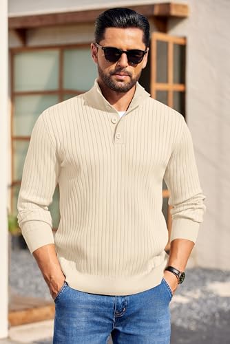 COOFANDY Mens Quarter Button Sweater Long Sleeve Stand Collar Sweaters Casual Knitted Ribbed Dress Pullover - color: Beige, size: Small