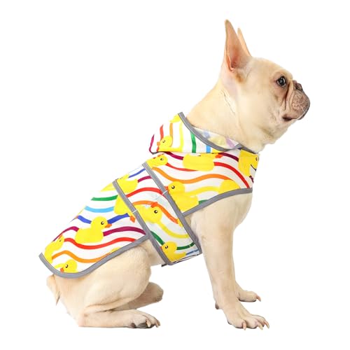 Dog Raincoat for Medium Dogs Waterproof Jacket Hooded Rain Coats with Reflective Strips Leash Hole & Poncho Adjustable Fit (Rainbow,M) - color: Rainbow Ducks, size: Medium