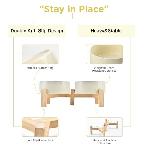 SPUNKYJUNKY Elevated Dog Bowls Ceramic, 5.1'' Dogs and Cat Food Water Bowls Raised with Non-Slip Bamboo Stand for Puppy Small Sized Breed Microwave Dishwasher Safe - 13.5 OZ,Beige - color: Beige, size: 5.1 in - 1.7 cups