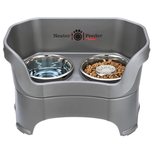 Neater Feeder Deluxe Mess Proof Dog Bowls Elevated for Large Breeds – Made in USA – No Spill Raised Slow Feeder Elevated Dog Bowl Stand, Stainless Steel Food and Water Bowl Set, Grey - color: Gunmetal Grey, size: Large with Slow Feed Bowl