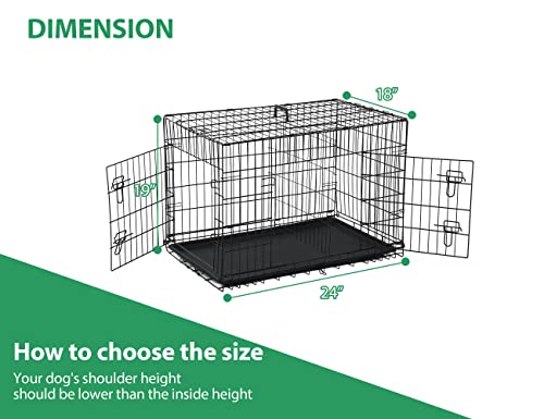 24'' Foldable Metal Wire Dog Crate Double Door, Folding Portable Dog Cage Double Lock, Collapsible Small Dog Crate w/Leak-Proof Pan/Divider/Handle, Puppy Crate Dog Kennel for Small Dogs Indoor