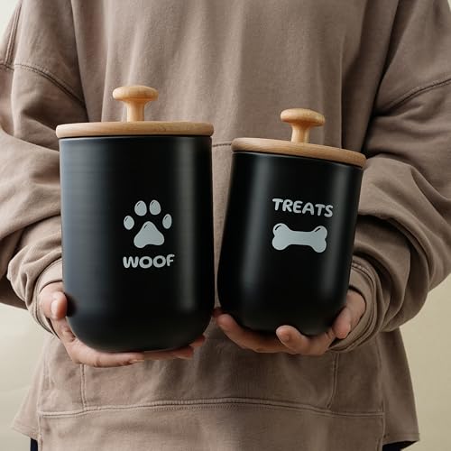 Dog Treat Container Set of 2, Dog treat jar with Airtight Lid, Small dog food container, Dog Cookie Jar for kitchen Counter, Treats Canister, Pet Treat Container 8.3x4.9 & 7.1x4.3 (Black) - color: Black