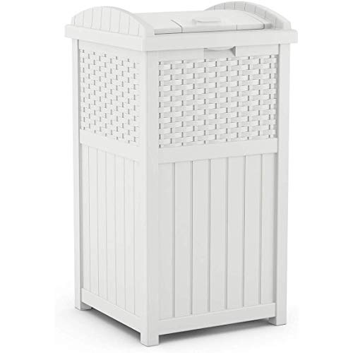 Suncast Hideaway Outdoor Trash Can with Lid - 30 Gallon Trash Can, White, Decorative Wicker-Style Garbage Bin, Weather-Resistant Resin, Fits 30-33 Gallon Bags, Ideal for Patio & Yard, Made in USA - color: White
