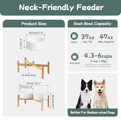 Havniva 7.3” Dog Bowls Elevated Ceramic Dog Food and Water Bowl Set, Double Raised Dog Water Bowl with Stand Non-Slip Rubber Base Large Capacity Feeding Pet Food Bowl for Medium Dogs - color: Matte White - 2 Bowls+Stand, size: 7.3 Inch