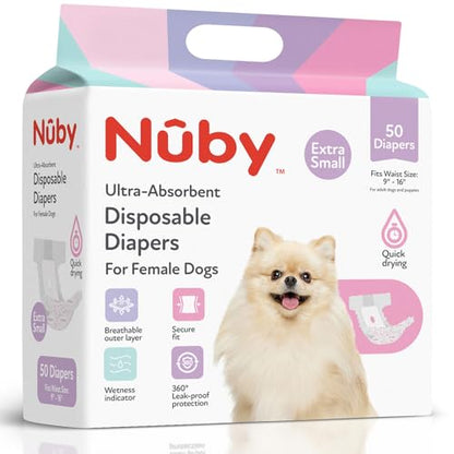 Nuby Pets Disposable Female Dog Diapers with Wetness Indicator, Leak-Resistant & Absorbent for Dogs in Heat, Training & Incontinence, X-Small (9-16” Waist), 50 Count - size: XS (Waist 9-16 in)